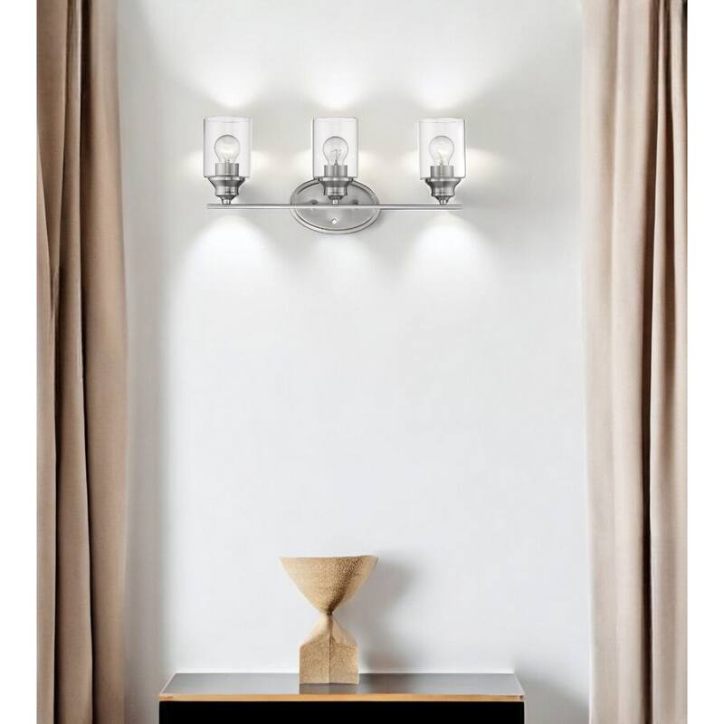 Damp Rated 3-Light Silver Vanity Wall Sconce with Clear Glass Shades and Reversible A19 Bulb Compatible