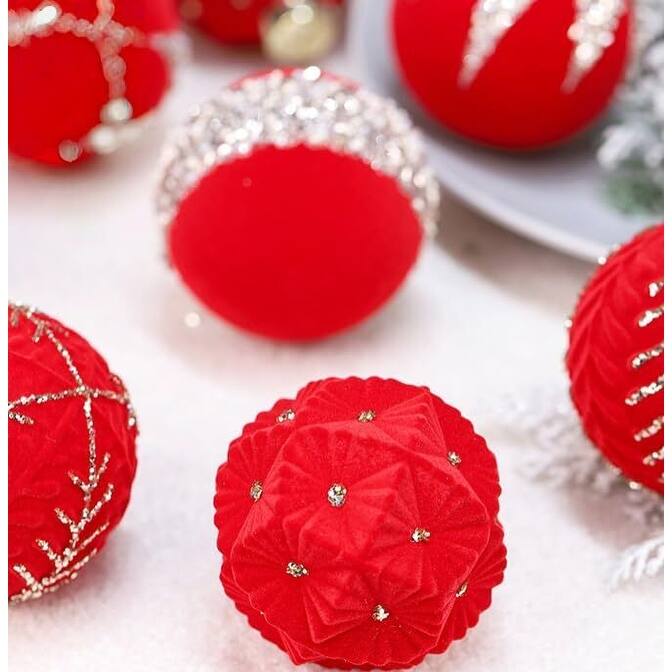 12PCS Mini Shatterproof Flocked Christmas Ball Ornaments for Holiday, Wedding, Red - N/A