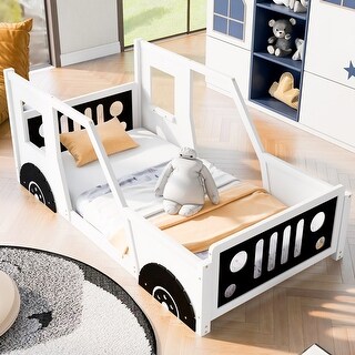 Classic Design Twin Size Car-Shaped Platform Bed with Wheels,Sturdy Pine Wood and Safety Guardrail