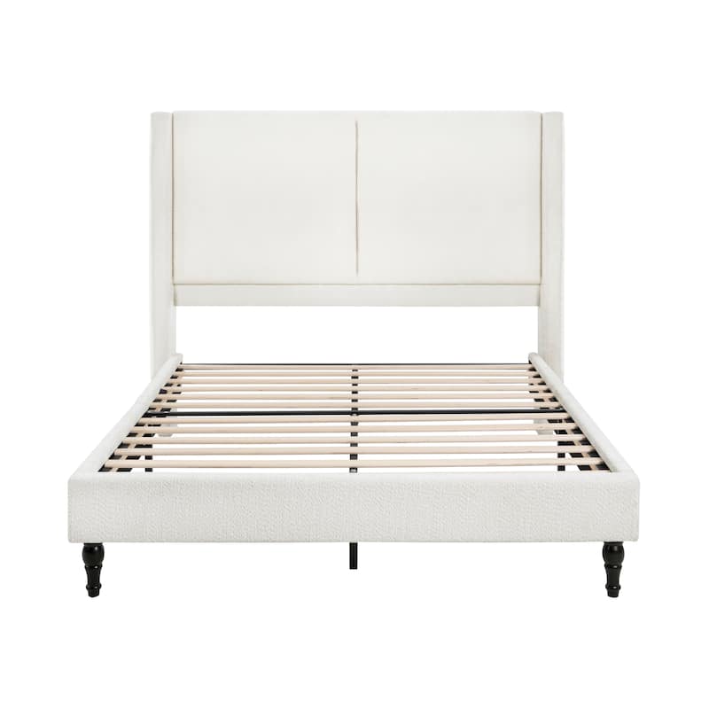 Queen Size Upholstered Bed Frame with High Back Headboard, Boucle Fabric, Solid Wood Legs, No Box Spring Needed