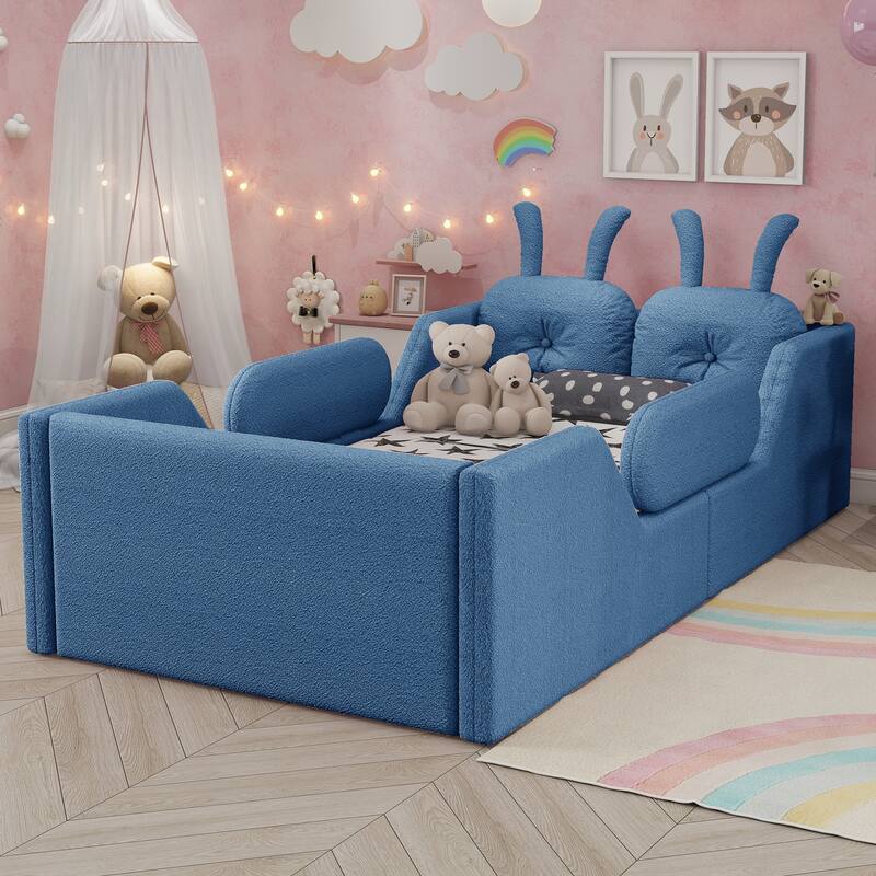 Blue Twin Upholstered Platform Bed with Rabbit Cushion & Removable Side Rails! (Arrives 2025/1/15) - Blue