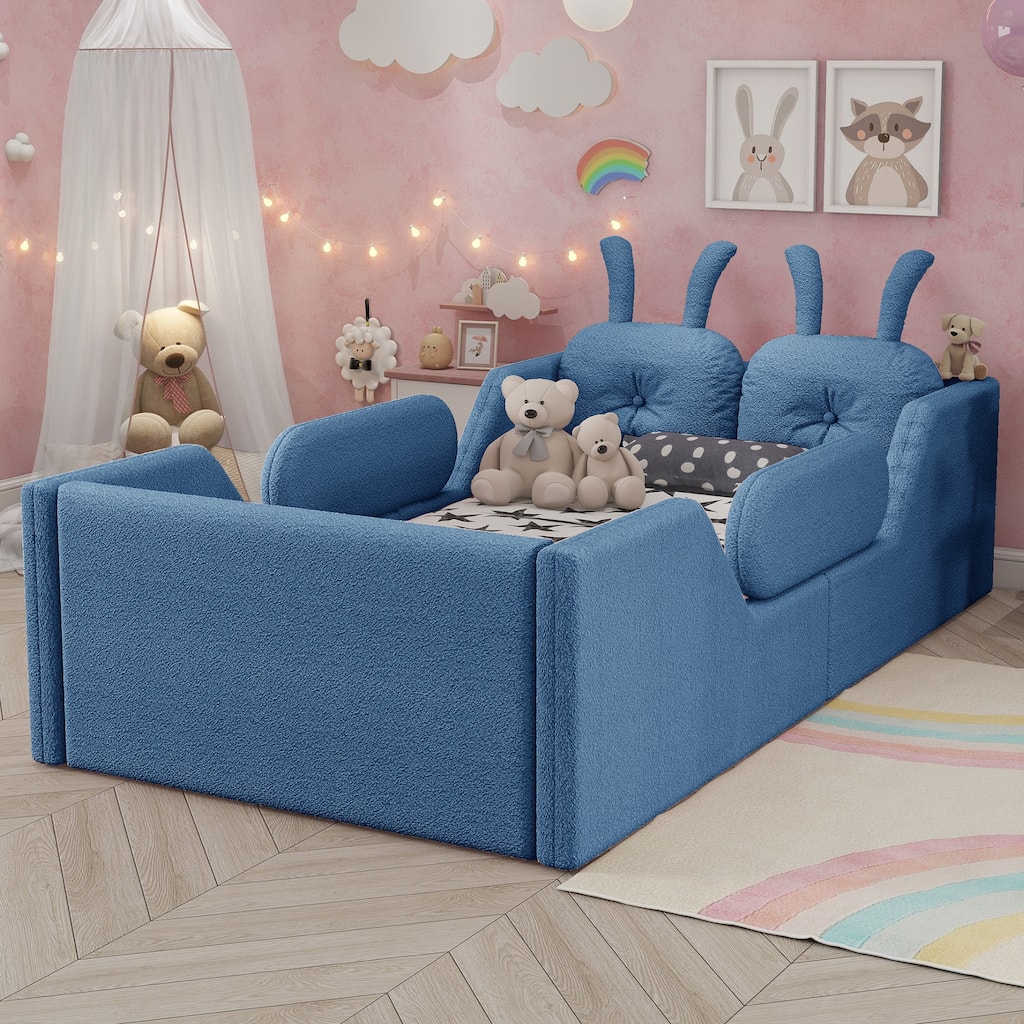 Blue Twin Upholstered Platform Bed with Rabbit Cushion & Removable Side Rails! (Arrives 2025/1/15)