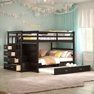 Full Over Full Elegant Bunk Bed with Twin Size Trundle & Staircase,Built-In Storage,Sophisticated & Practical Bunk Bed