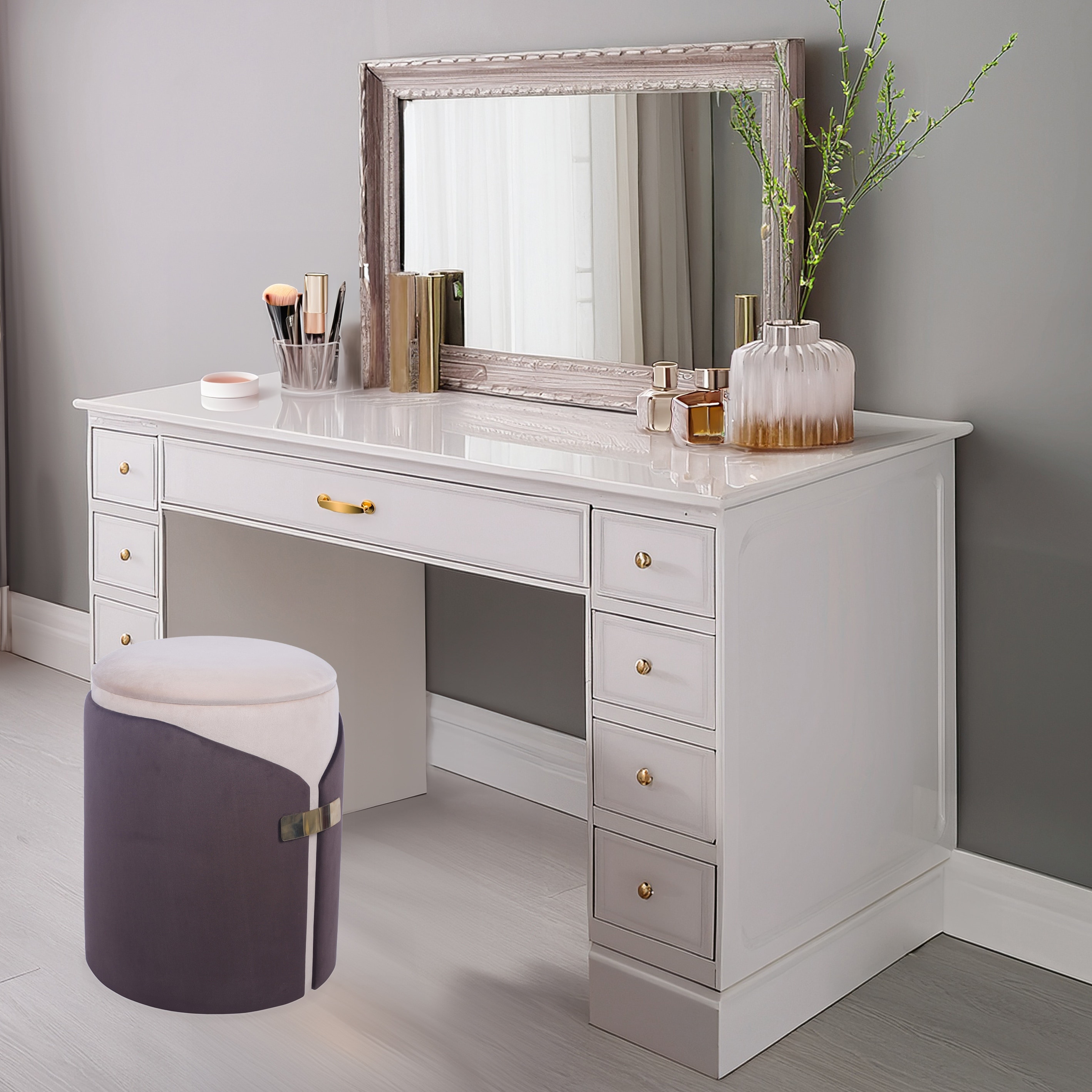 Modern Designs Dual-Toned Vanity Ottoman Stool with Hidden Storage - Brown