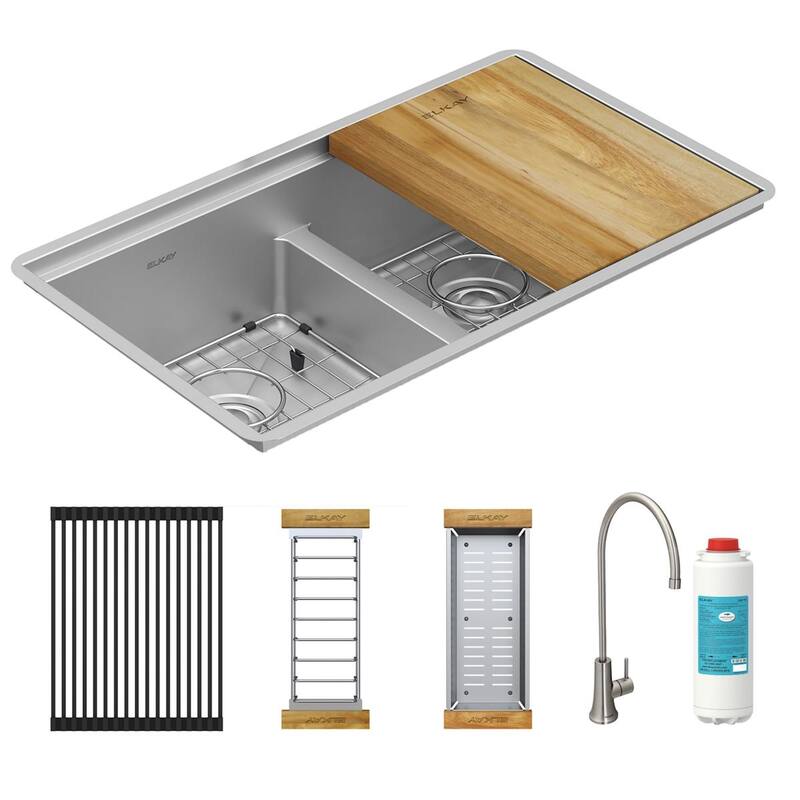 Elkay Crosstown 16 Gauge Workstation Stainless Steel, 31.5" Equal Double Bowl Sink Kit with Filtered Beverage Faucet