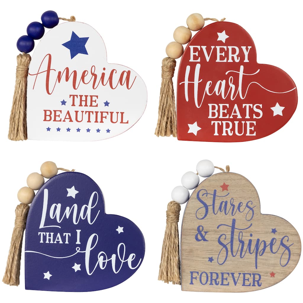 Patriotic Hearts Wooden Tabletop Signs - 3.75" - Set of 4