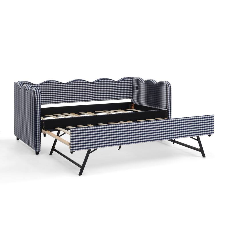 Roomfitters Gingham Daybed with Trundle, Twin Upholstered Sofa Bed with USB Port and Wave Edge Design