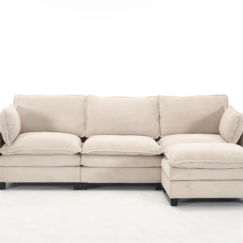 Comfy Corduroy Upholstered Deep Seat Couch L-shaped Sectional Sofa with Ottoman Chaise Lounge and 2 Lumbar Pillows
