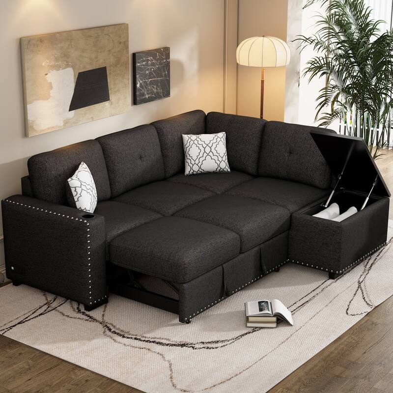83.8'' L-Shaped 4-Seat Sectional Sofa with Pull-Out Bed, Storage Chaise, USB Ports, Power Sockets, and Cup Holders