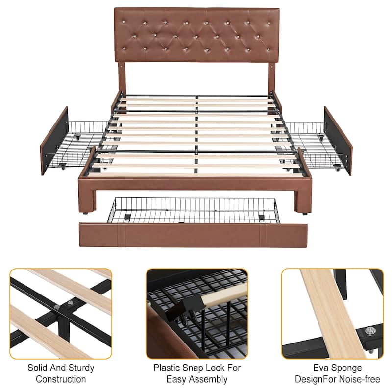 VECELO Bed Frame with Storage Drawers Leather Upholstered with Diamond Tufted Headboard Solid Wood Slat Support