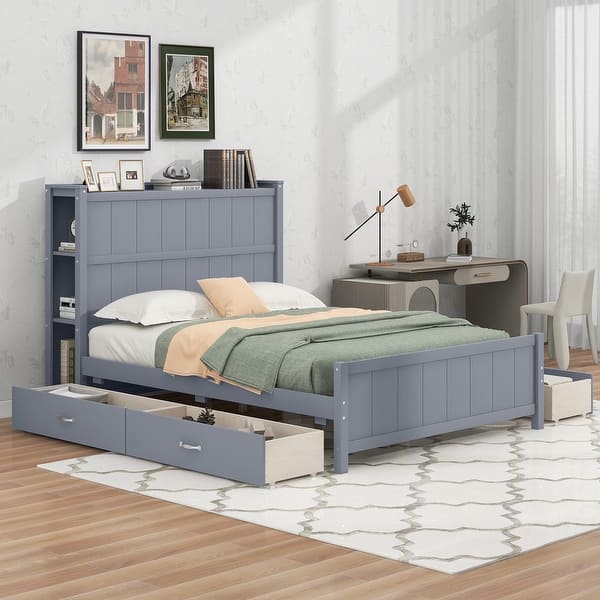 slide 2 of 8, Full Size Platform Bed with Drawers and Storage Shelves Grey