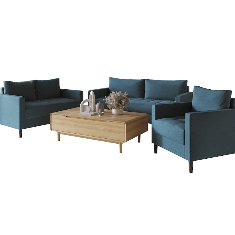 CraftPorch Contemporary Minimalist Linen Upholstered 3-Piece Living Room Set - Blue