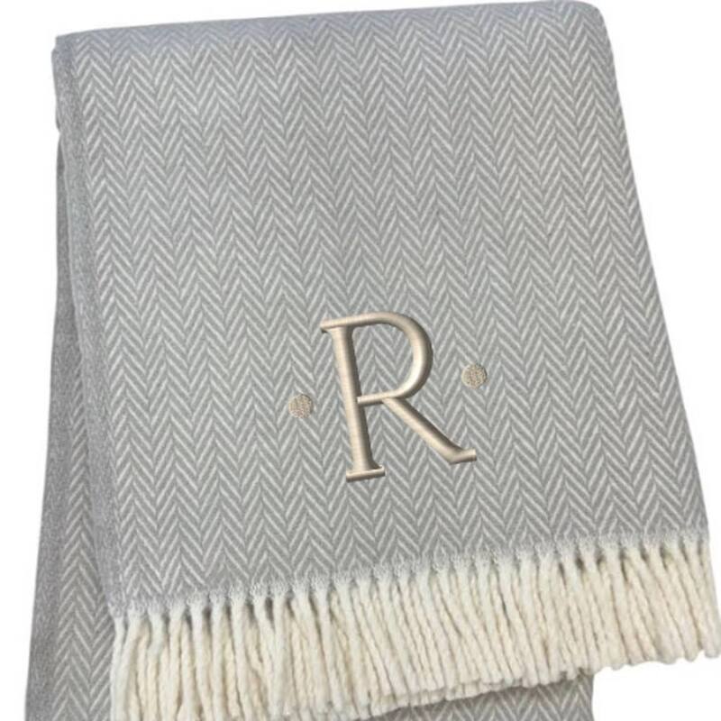 55" X 70" Gray And White Herringbone Cotton Blend A Initial Throw Blanket with Tassels And Embroidery