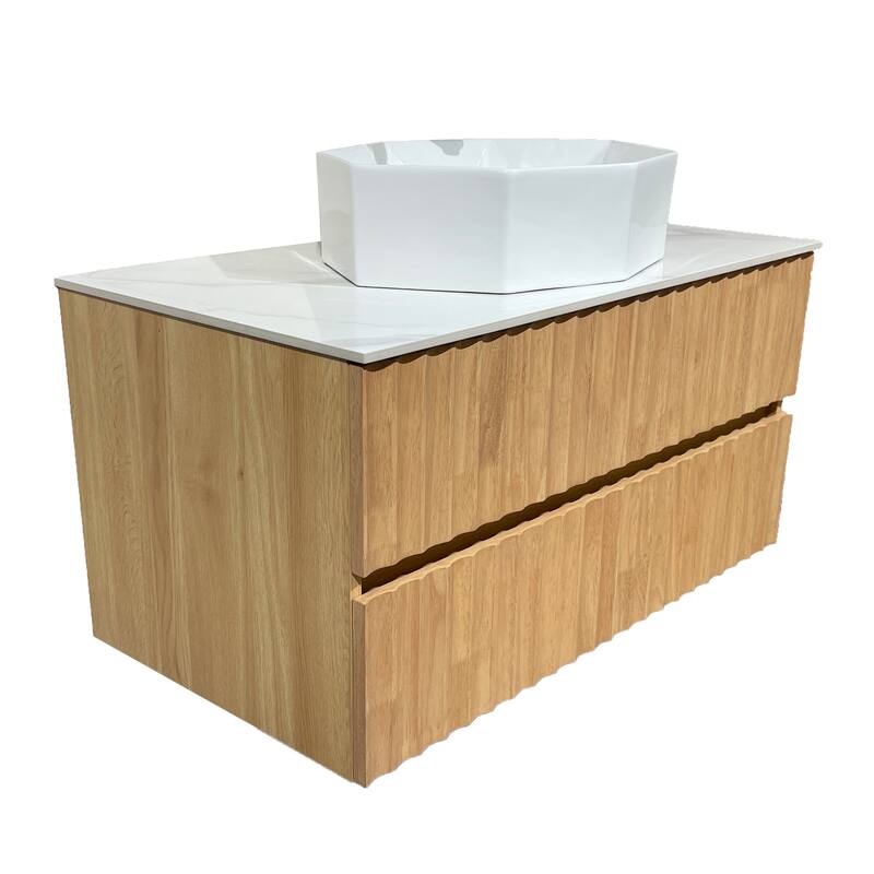 35.43" Floading Single Bathroom Vanities, With 2 Drawers, Glossy Sintered Stone Top, Light Wood