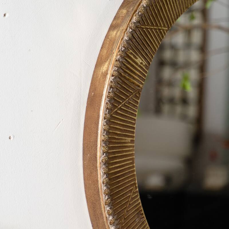 31.3" Gold Textured Round Wall Mirror - Iron Frame & MDF Back Decorative Mirror, Boho Accent Mirror - Natural Wood