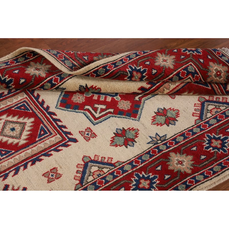 Ivory Geometric Kazak Oriental Accent Rug Hand-Knotted Wool Carpet - 3'7"x 5'0"