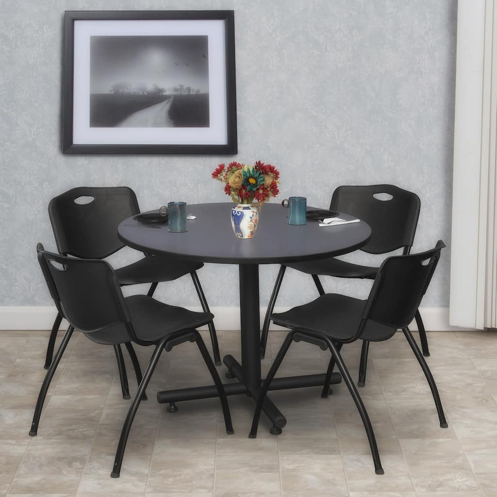 36 in. Round Breakroom Table- Grey & 4 'M' Stack Chairs- Black