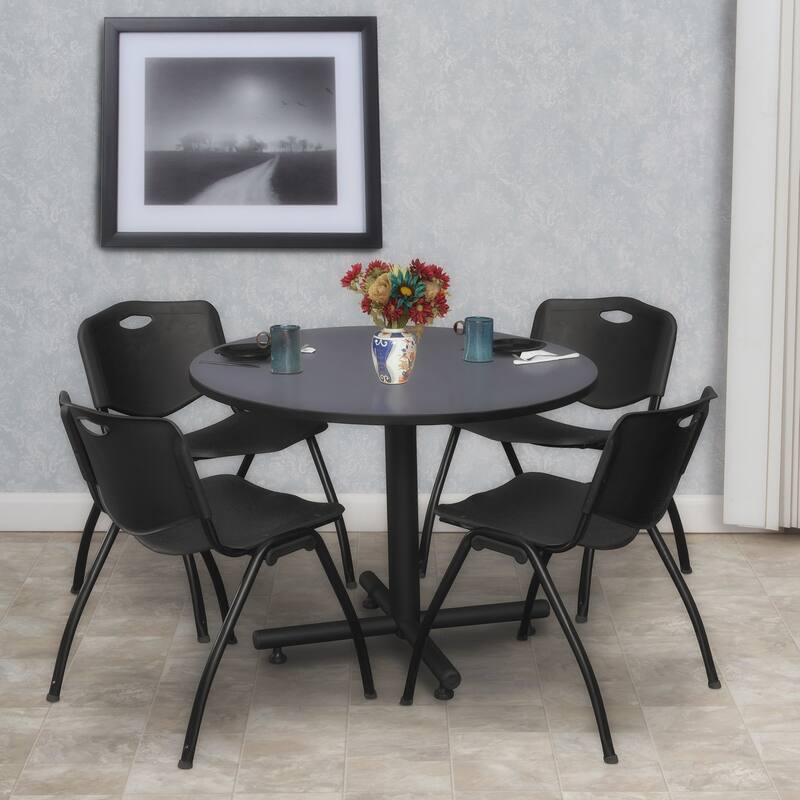 42 in. Round Breakroom Table- Grey & 4 'M' Stack Chairs- Black