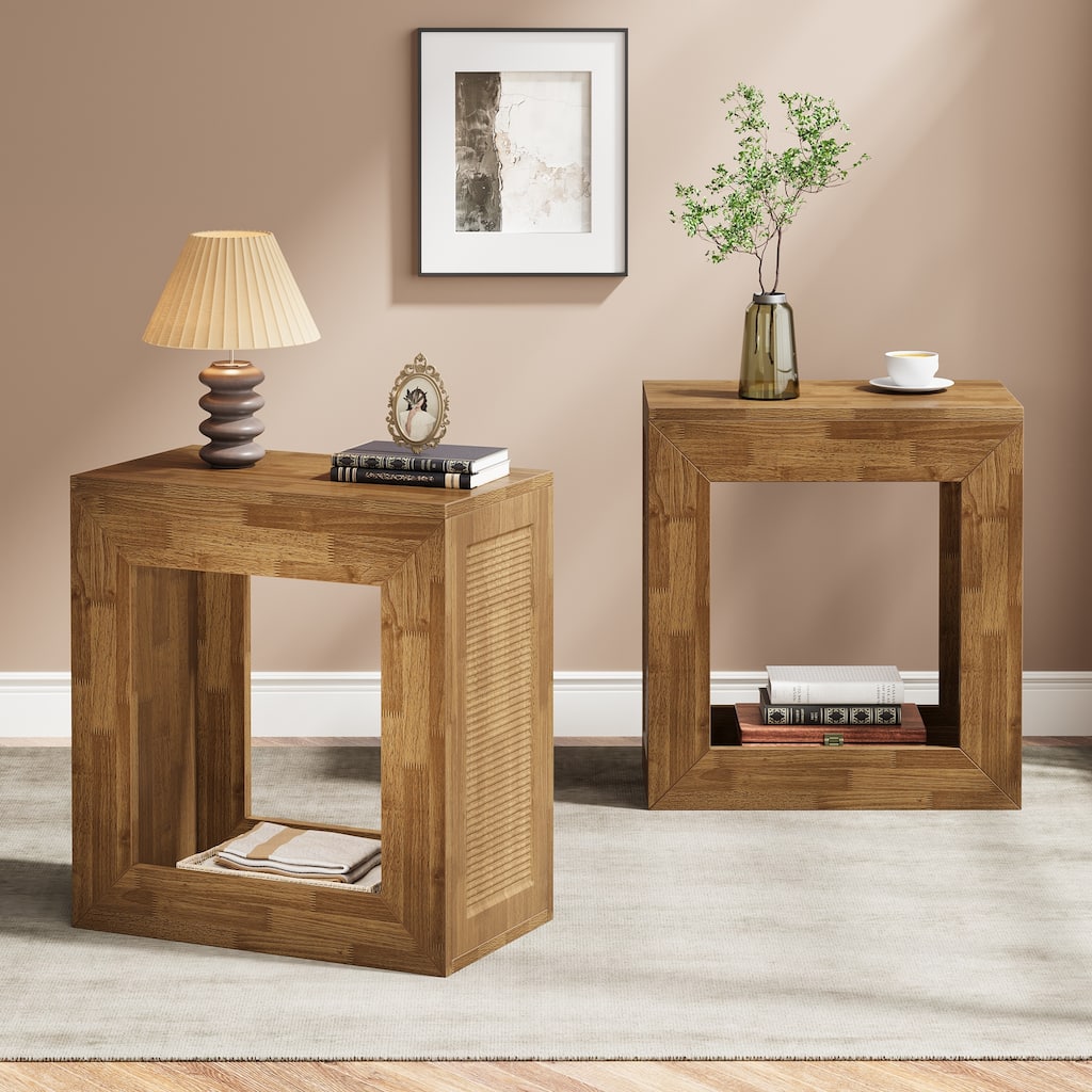 Square End Table with Sturdy Base, 2-Tier Wooden Side Table Narrow Nightstand