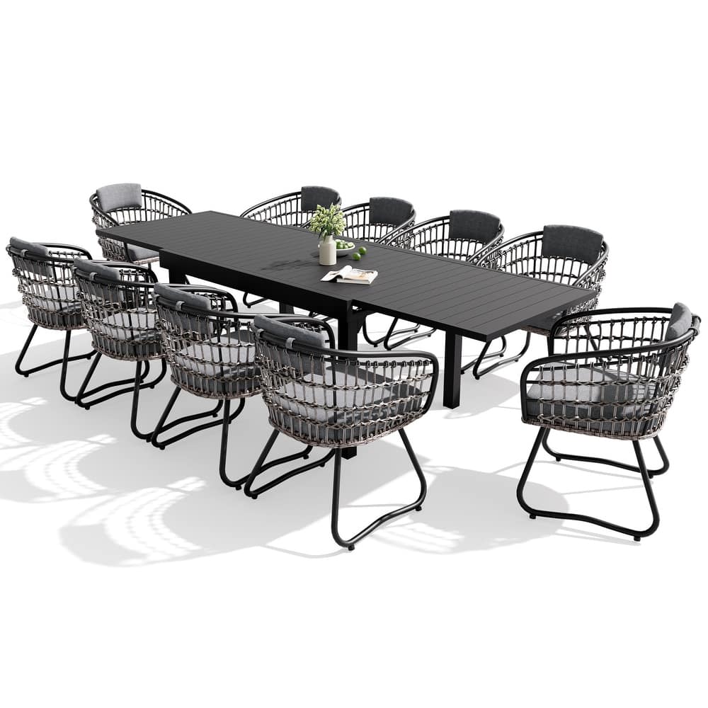 VredHom 11PC Outdoor Patio Extendable Table Dining Sets Table with Rattan Chairs