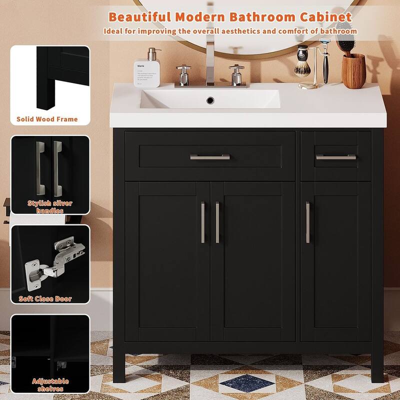 36" Bathroom Vanity Cabinet with Resin Integrated Sink - 2 Drawers, 3 Doors