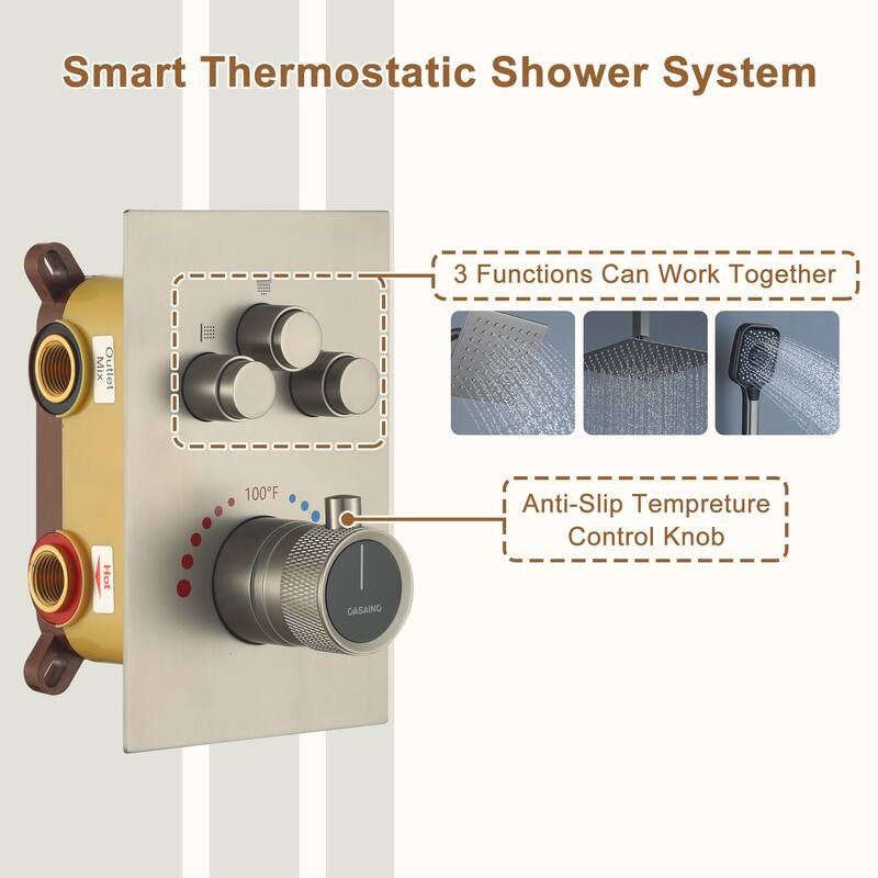 Celling 12 Inch Rainfall Shower Head 3 Function Thermostatic Shower System
