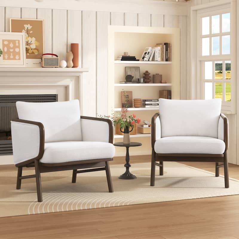 Roomfitters Sherpa Fabric Accent Chairs with Solid Wood Frame, Upholstered Lounge Chair for Living Room, Set of 2, White