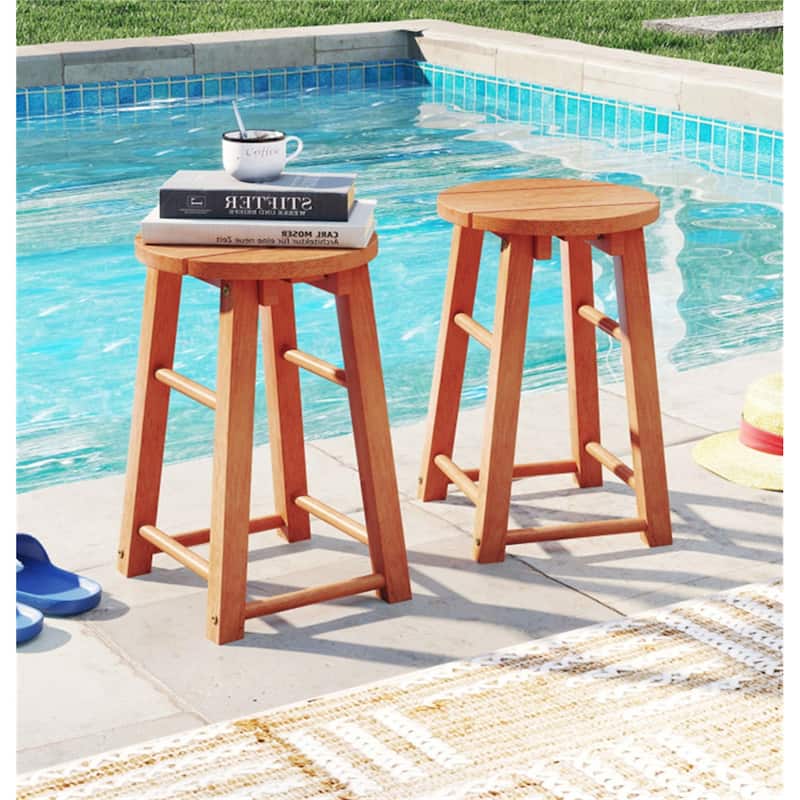 18-Inch Set of 2 Natural Eucalyptus Wood Bar Stools for Outdoor Seating for Balcony - 11.5" x 11.5" x 18" (L x W x H)
