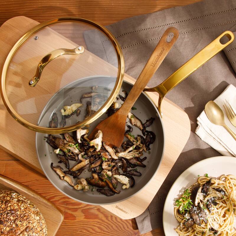 Bloomhouse Pots and Pans Heavy Duty Aluminum Premium PFA Free Ceramic Nonstick - Cappucino Cream with Gold Handle