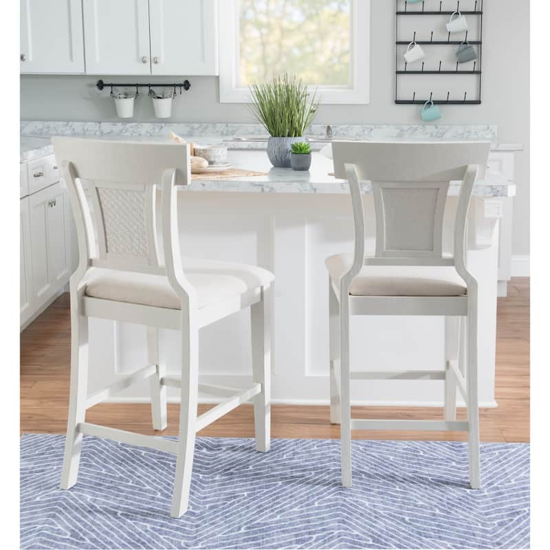 High Woven Back Wooden Bar Stools - 43" - White and Beige