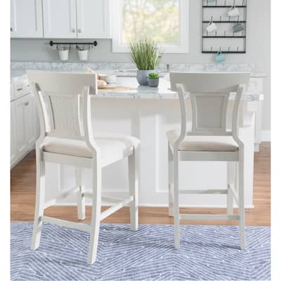 High Woven Back Wooden Bar Stools - 43" - White and Beige