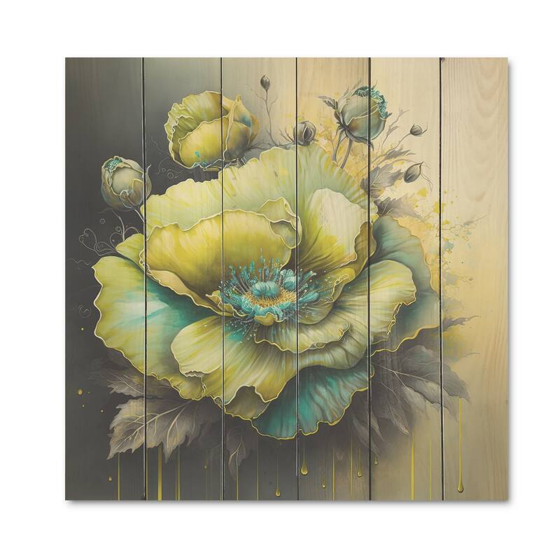 Designart 'Green Blooming Flower I' Floral Wood Wall Art - Natural Pine Wood