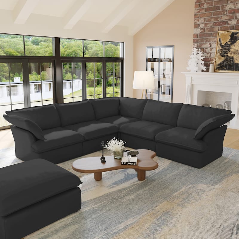 L-shape Linen Sofa Modern Upholstered Sectional Sofa with Ottoman - Black