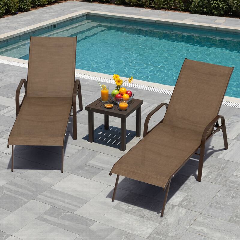 Outdoor Patio Adjustable Back Chaise Lounges Chairs with Arms(Set of 2 ) - Brown