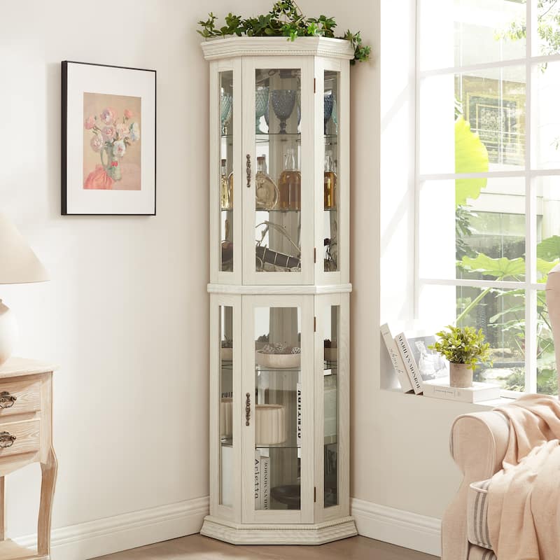 Lighted Corner Curio Cabinet Glass Display Shelf Tempered Doors Adjustable Shelving White