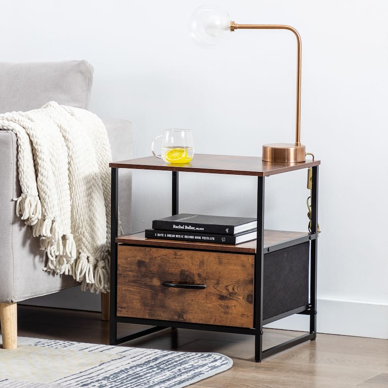 Iron Nightstand Shelf Storage with Fabric Drawer - Rustic Brown - 1-drawer
