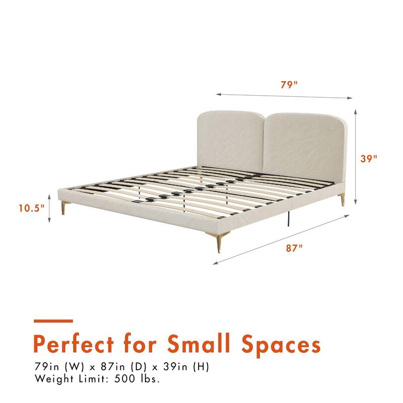 Roomfitters Coco King Velvet Upholstered Platform Bed Frame with Curved Headboard, Ivory