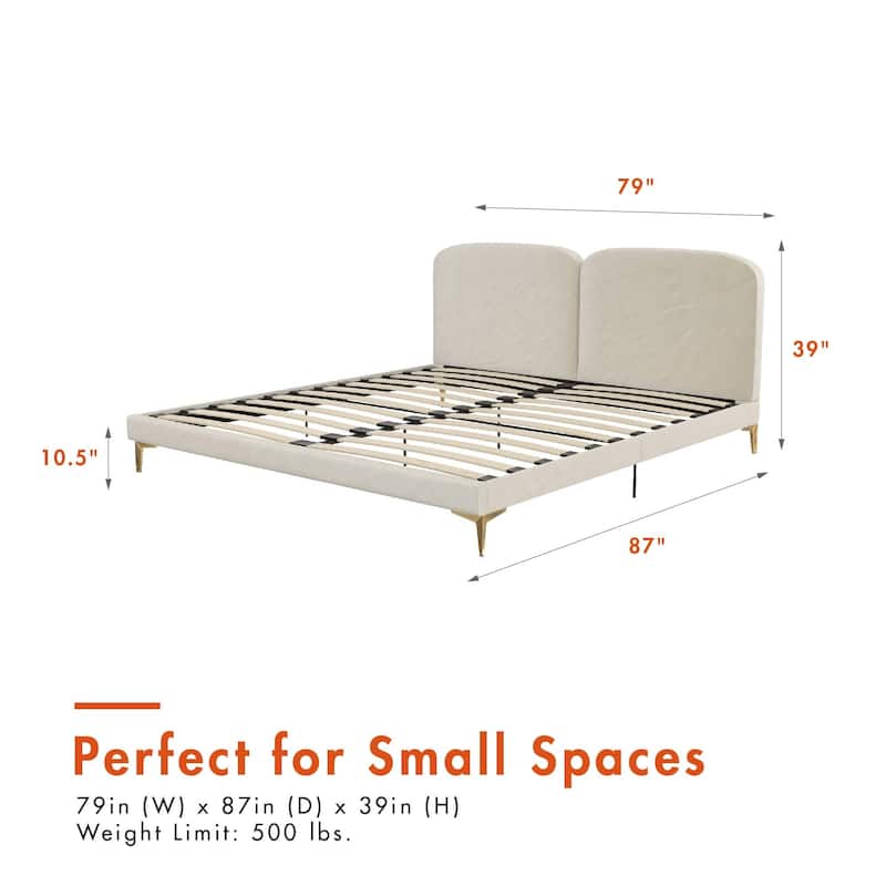 Velvet Upholstered King Size Bed with Gold-Plated Legs