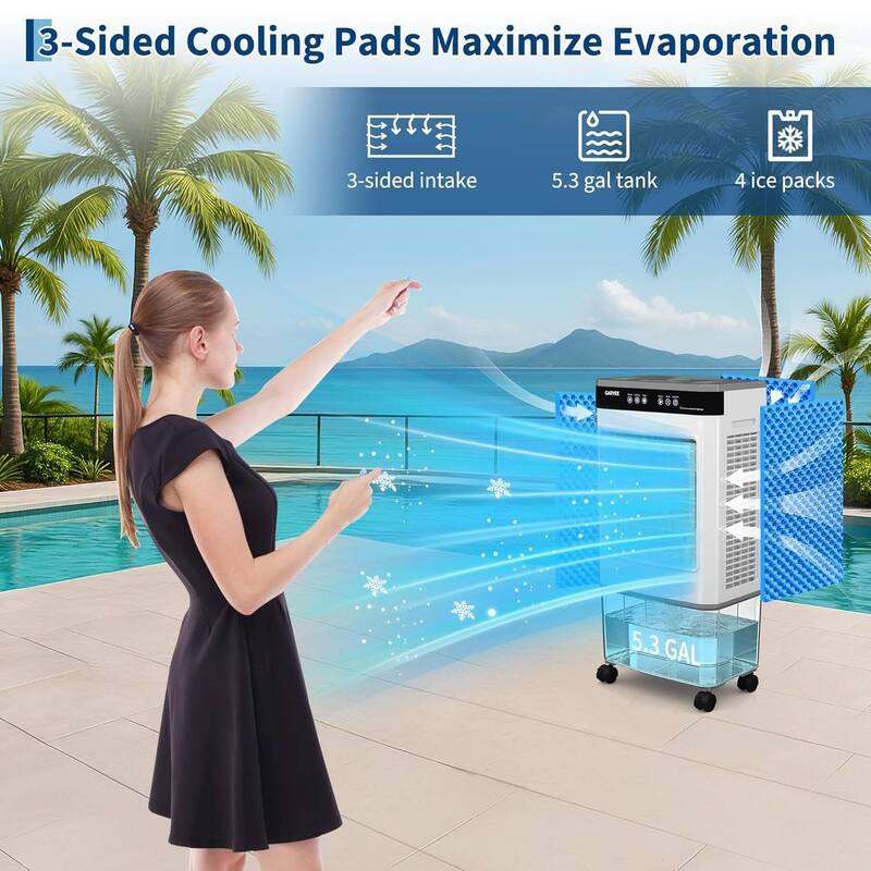 5.3 Gal 3000 CFM Portable Cooling Fan, Evaporative Air Cooler with Touch Screen, Remote for Bedroom, Home, Office