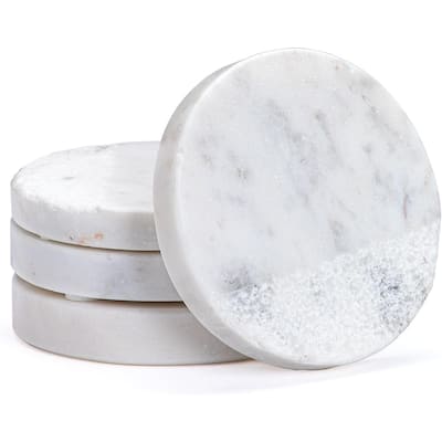 4 Pack Round Natural White Marble Textured Coasters 4" Diameter Elegant Heat Tolerant Easily Wipes Clean