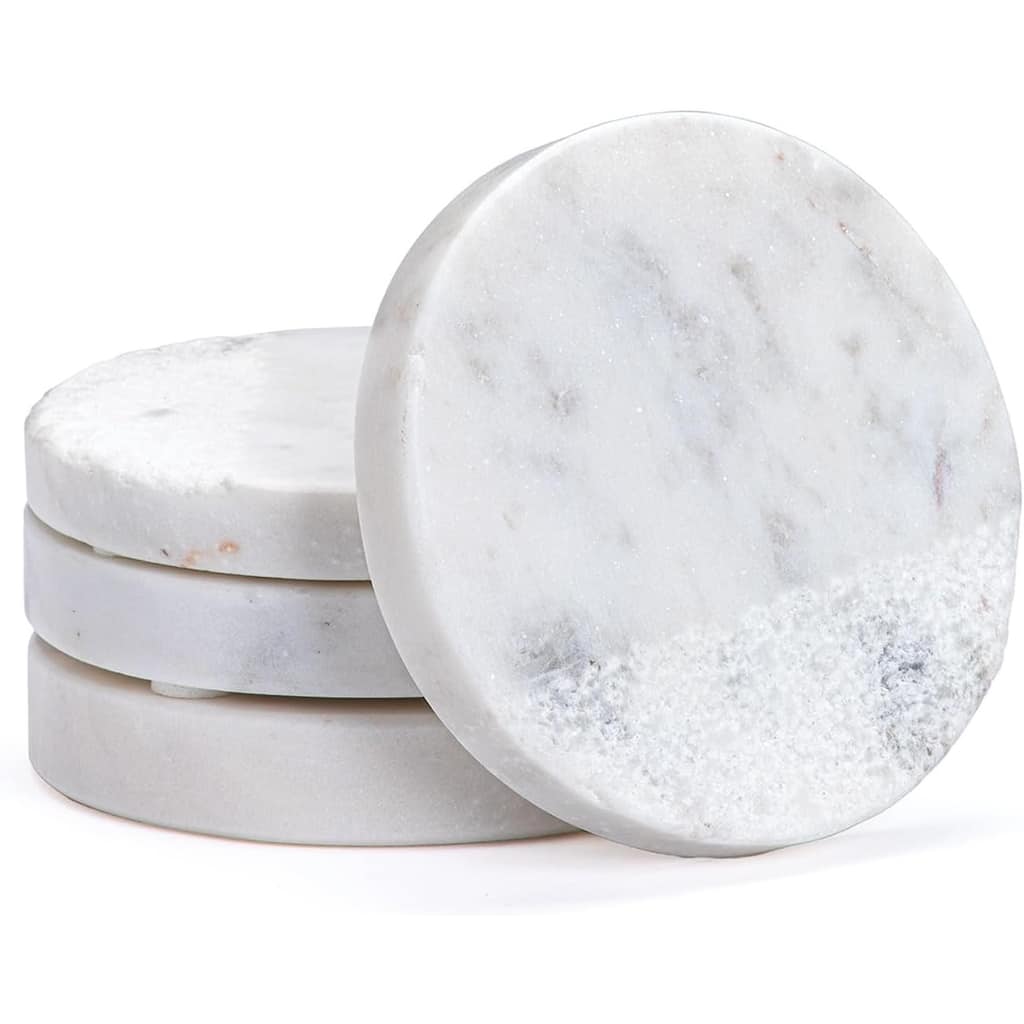 4 Pack Round Natural White Marble Textured Coasters 4" Diameter Elegant Heat Tolerant Easily Wipes Clean