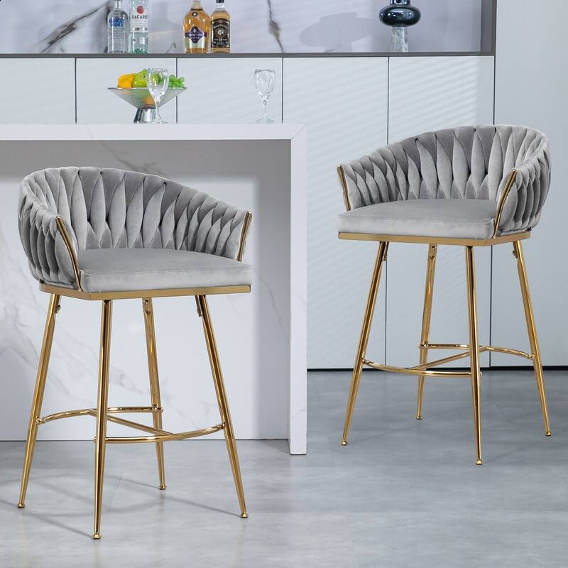 (Set of 1) 26" Velvet Counter Height Bar Stool with Wave Back, Golden Chrome Base and Footrest