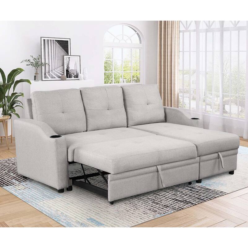 Classic and Cozy L-shape Pull-out Sleeper Sectional Sofa - Grey+Linen