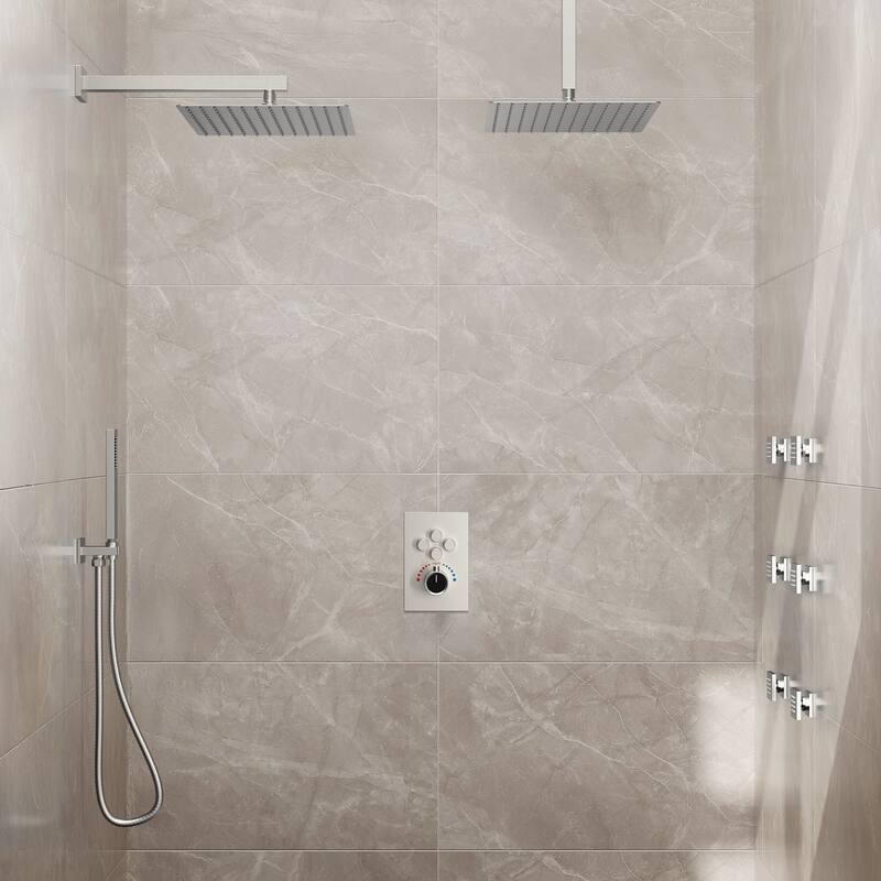 Thermostatic Dual Shower Head System ,12" High-Pressure Rainfall Shower Faucet with 4-Function Sprays - Brushed Nickle