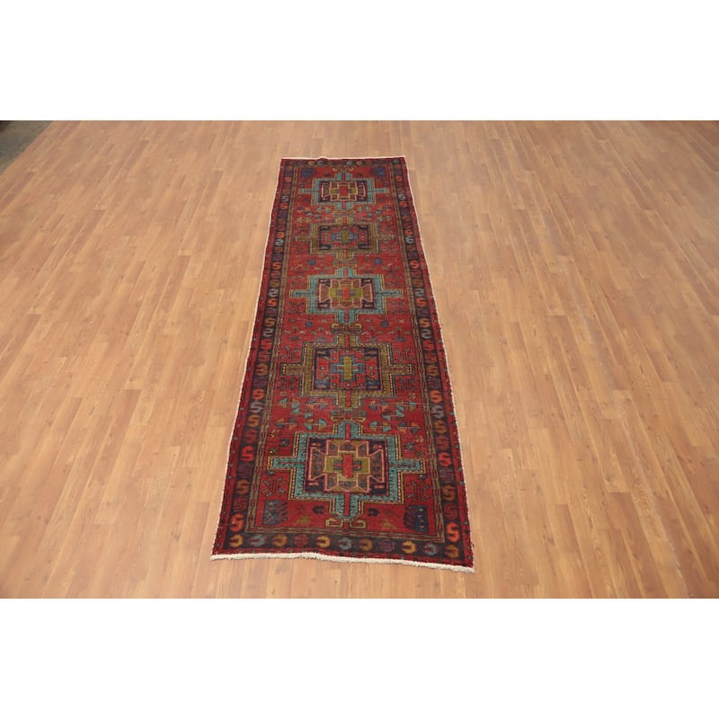 Hand Knotted Oriental 100% Wool Carpet Traditional Geometric Red Ardebil Runner Rug - 9' 7'' X 3' 0''