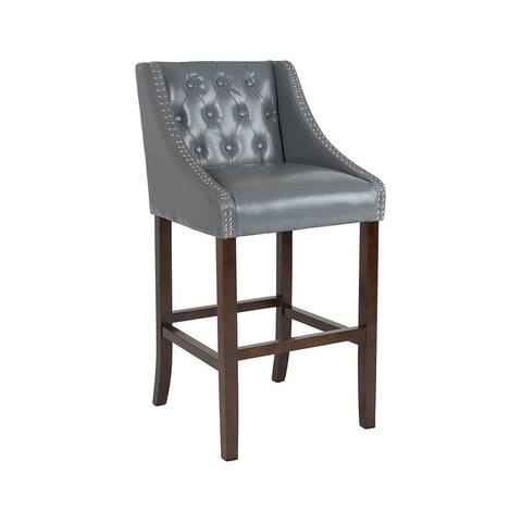 Offex 30" Tufted Walnut Barstool w/Accent Nail Trim, LightGray Leather - 30" High