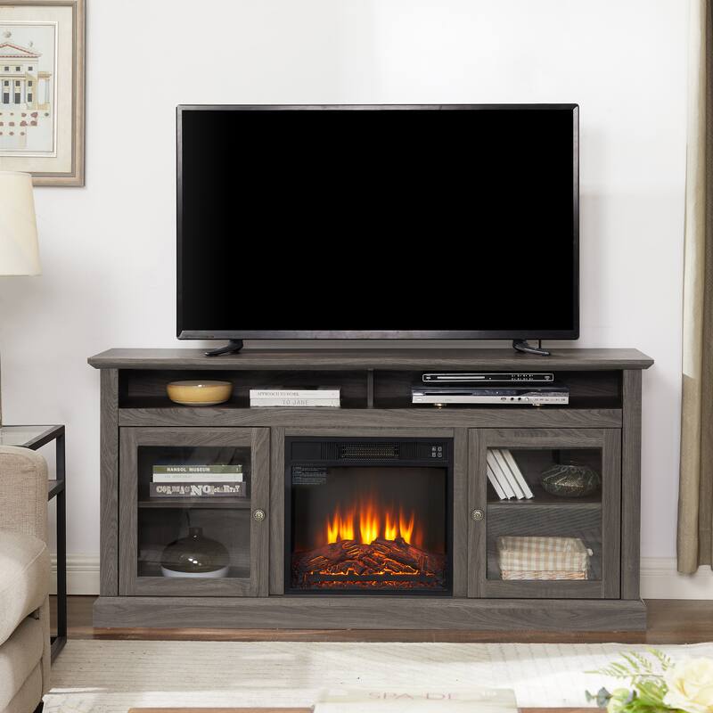 Contemporary TV Media Stand Modern Entertainment Console with 18" Fireplace Insert for TV Up to 65", Storage Space. - Black + Dark Walnut