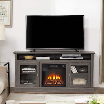 Contemporary TV Media Stand Modern Entertainment Console with 18" Fireplace Insert for TV Up to 65", Storage Space.