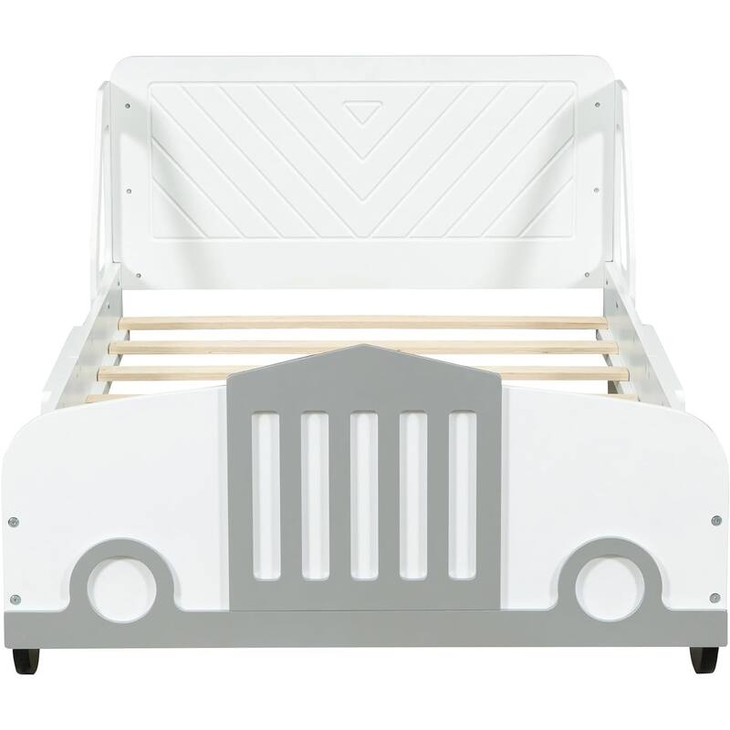 Twin/Full Car Bed for Kids, Car Shaped Platform Bed with Wheels, Headboard and Footboard, Toddler Car Bed Slat Support