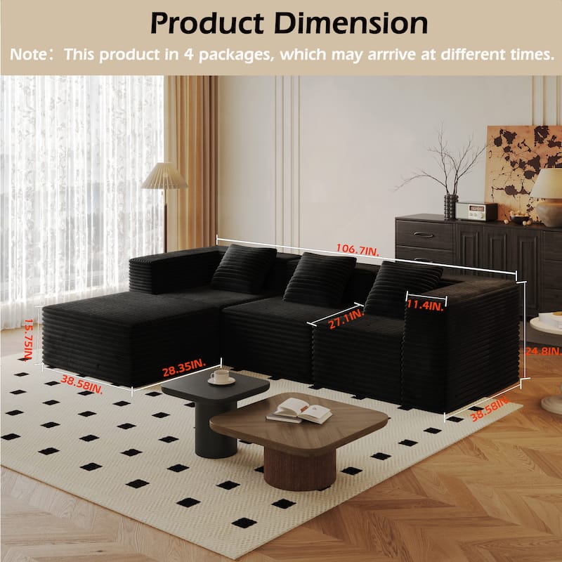 Corduroy Boneless Sectional Couch Floor Deep Seat Sofa with Pillows